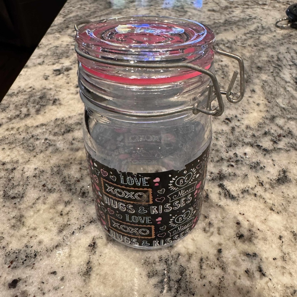 Decorative lock lid Glass Jar with Pink Accents 5x3in